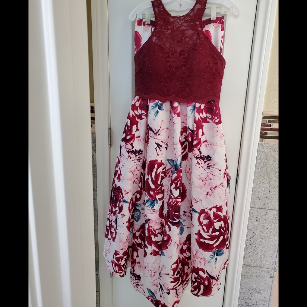 Fuschia & White With Maroon Halter Top 2-piece Floral Dress